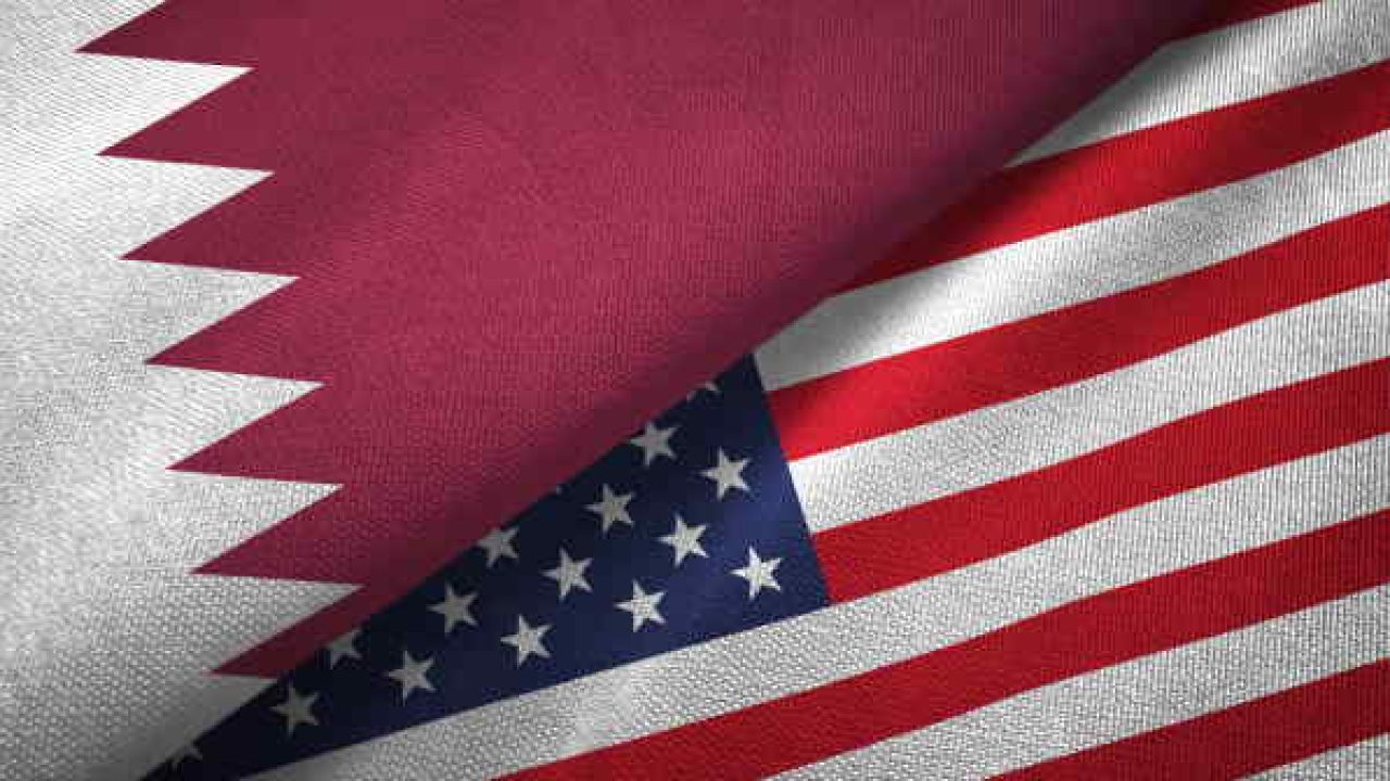 Qatar and United States flags together textile cloth, fabric texture