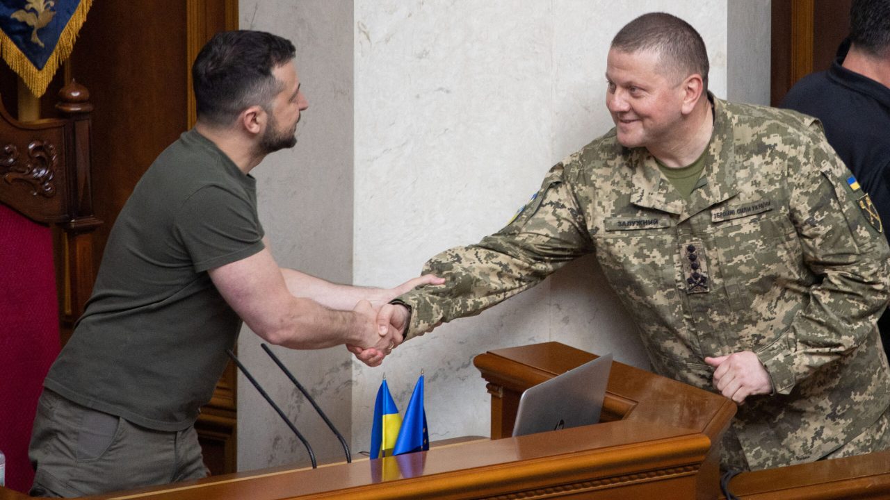 Ukraine's President Volodymyr Zelenskiy welcomes Commander-in-Chief of the Armed Forces of Ukraine Valeriy Zaluzhnyi during a parliament session, as Russia's attack on Ukraine continues, in Kyiv, Ukraine July 28, 2022. Ukrainian Presidential Press Service/Handout via REUTERS ATTENTION EDITORS - THIS IMAGE HAS BEEN SUPPLIED BY A THIRD PARTY.