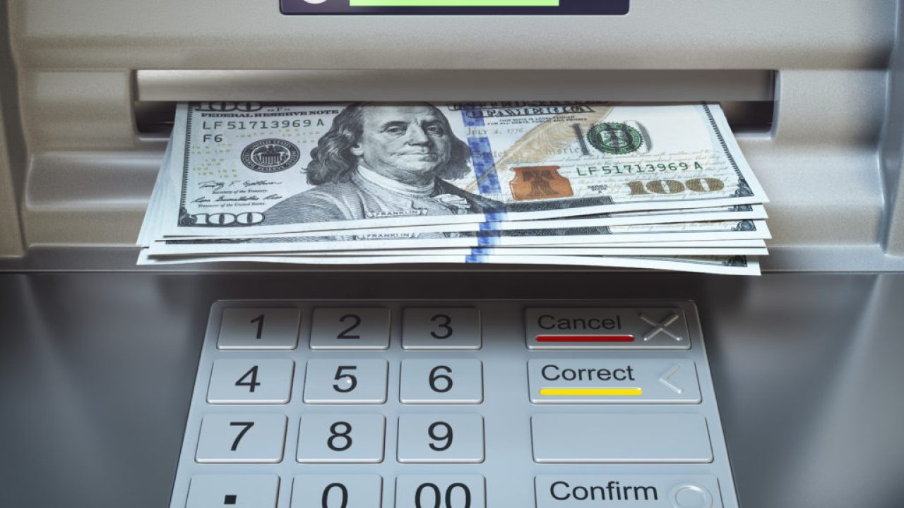 ATM machine and money. Withdrawing dollar banknotes. ATM machine and money. Withdrawing dollar banknotes. 3d illustration