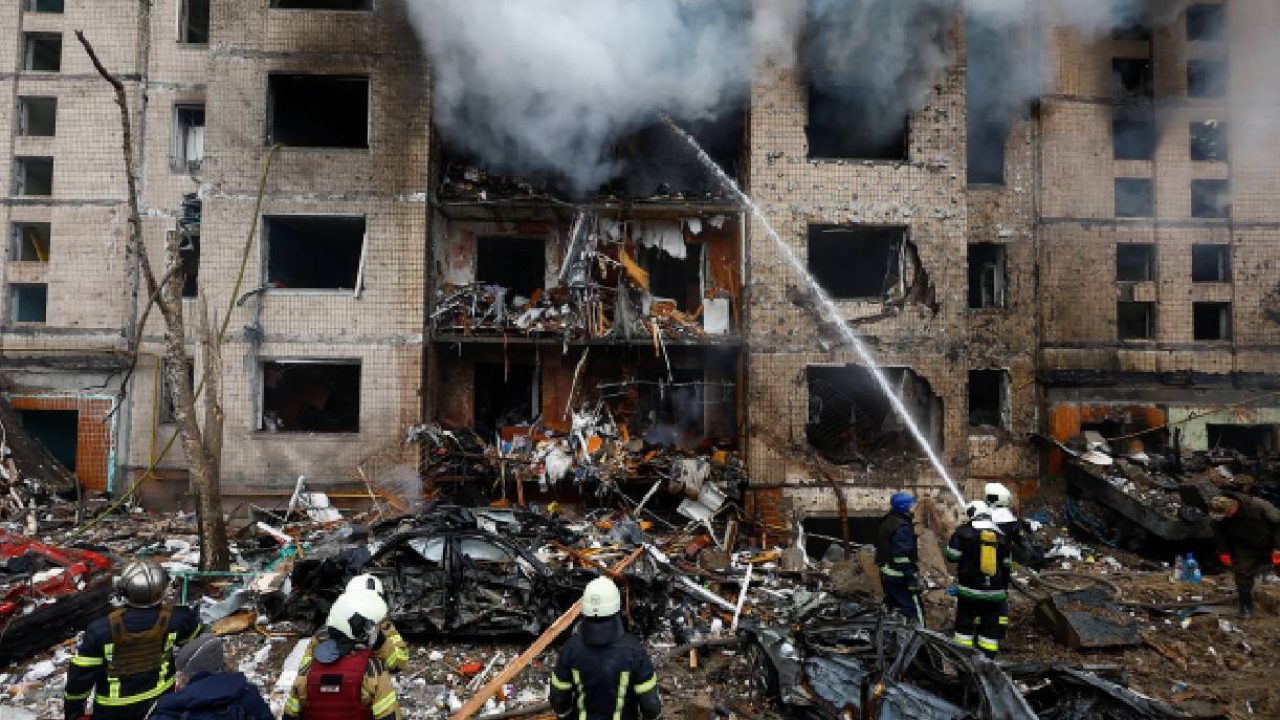 firefighters putting out fire in ukraine