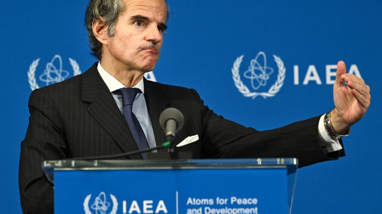 Rafael Grossi, Director General of the International Atomic Energy Agency (IAEA), speaks to journalists during a press conference, shortly after the IAEAs Board of Governors meeting at the agency's headquarters in Vienna, Austria on June 9, 2025. (Photo by Joe Klamar / AFP)