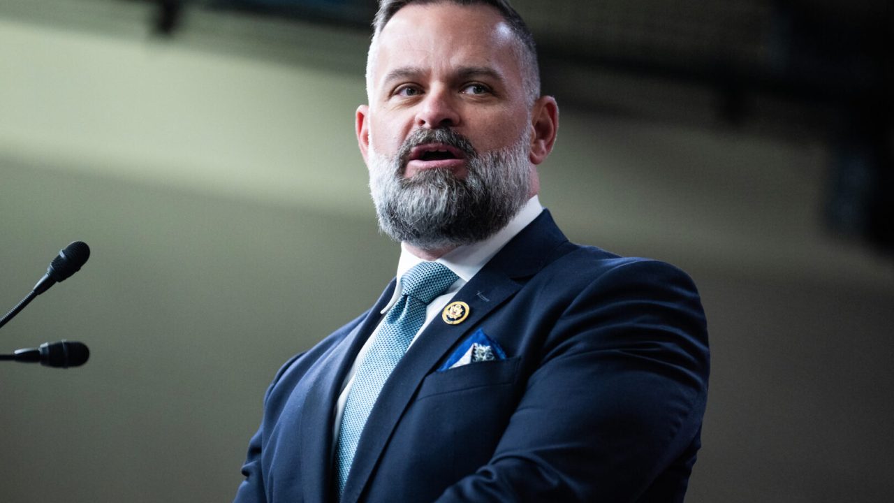 UNITED STATES - FEBRUARY 6: Rep. Cory Mills, R-Fla., speaks during a news conference in the Capitol Visitor Center on a resolution "stating that President Donald Trump did not engage in insurrection,” on Tuesday, February 6, 2024. (Tom Williams/CQ Roll Call)