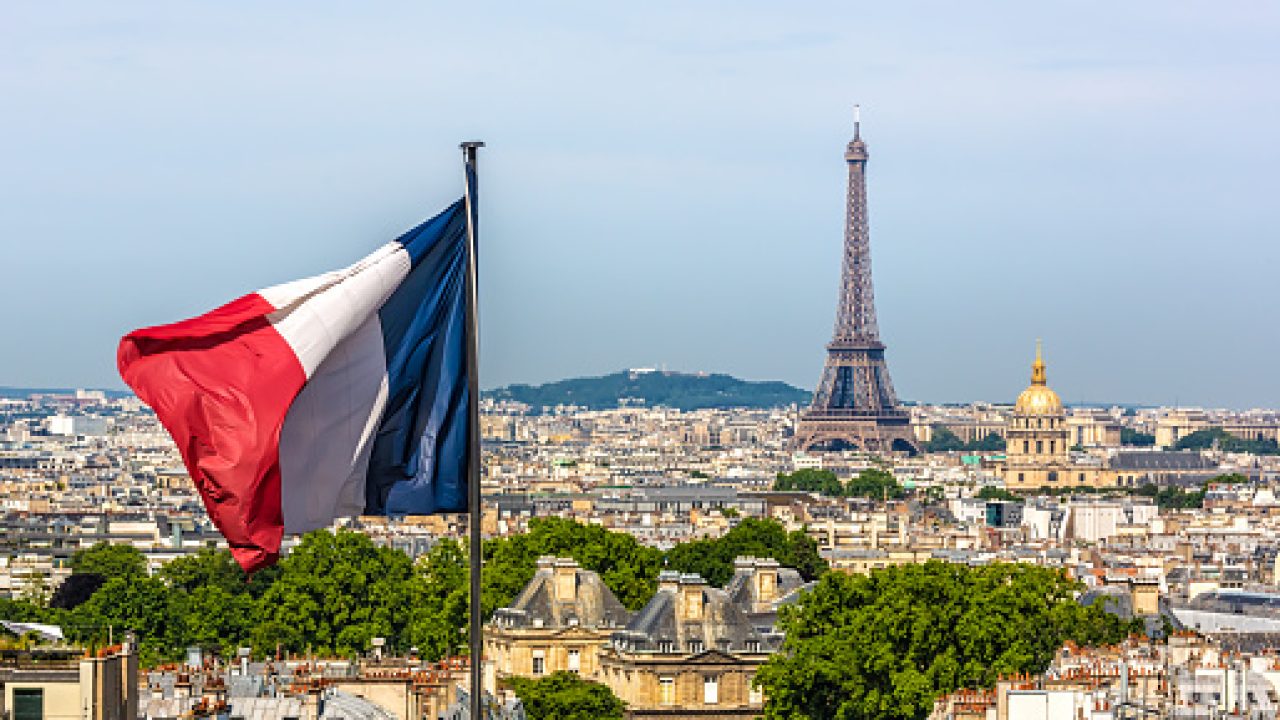 Skyline Paris with Eiffel Tower and French flag Skyline Paris with Eiffel Tower and French flag