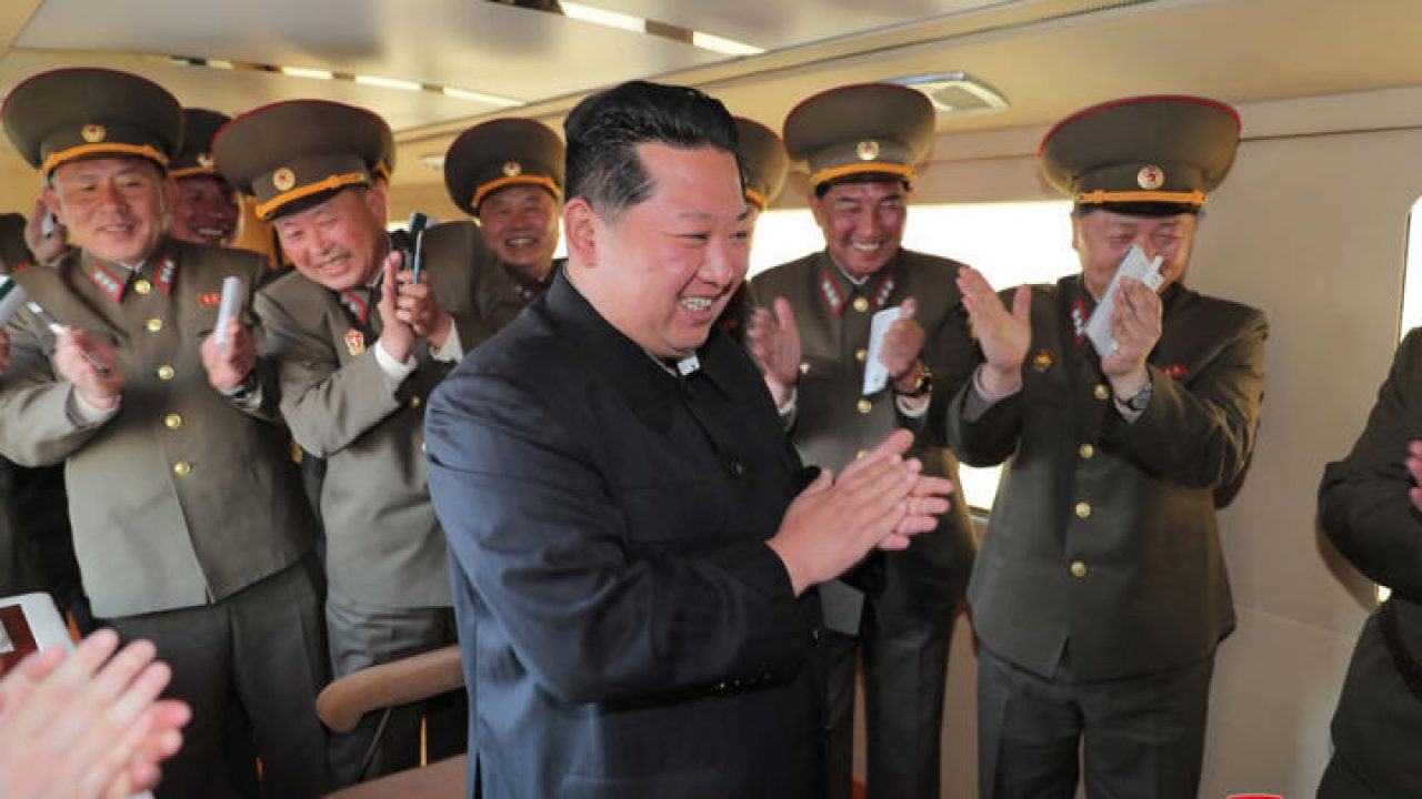 This undated picture released from North Korea's official Korean Central News Agency (KCNA) on April 17, 2022 shows North Korean leader Kim Jong Un as he observes the test-fire of a new-type tactical guided weapon at an undisclosed location in North Korea. - North Korea has test-fired a new weapons system, under the supervision of leader Kim Jong Un, that it claims will boost the efficiency of its tactical nuclear weapons, state media said early April 17, 2022. (Photo by KCNA VIA KNS / AFP) / - South Korea OUT / REPULBIC OF KOREA OUT
---EDITORS NOTE--- RESTRICTED TO EDITORIAL USE - MANDATORY CREDIT "AFP PHOTO/KCNA VIA KNS" - NO MARKETING NO ADVERTISING CAMPAIGNS - DISTRIBUTED AS A SERVICE TO CLIENTS
THIS PICTURE WAS MADE AVAILABLE BY A THIRD PARTY. AFP CAN NOT INDEPENDENTLY VERIFY THE AUTHENTICITY, LOCATION, DATE AND CONTENT OF THIS IMAGE /