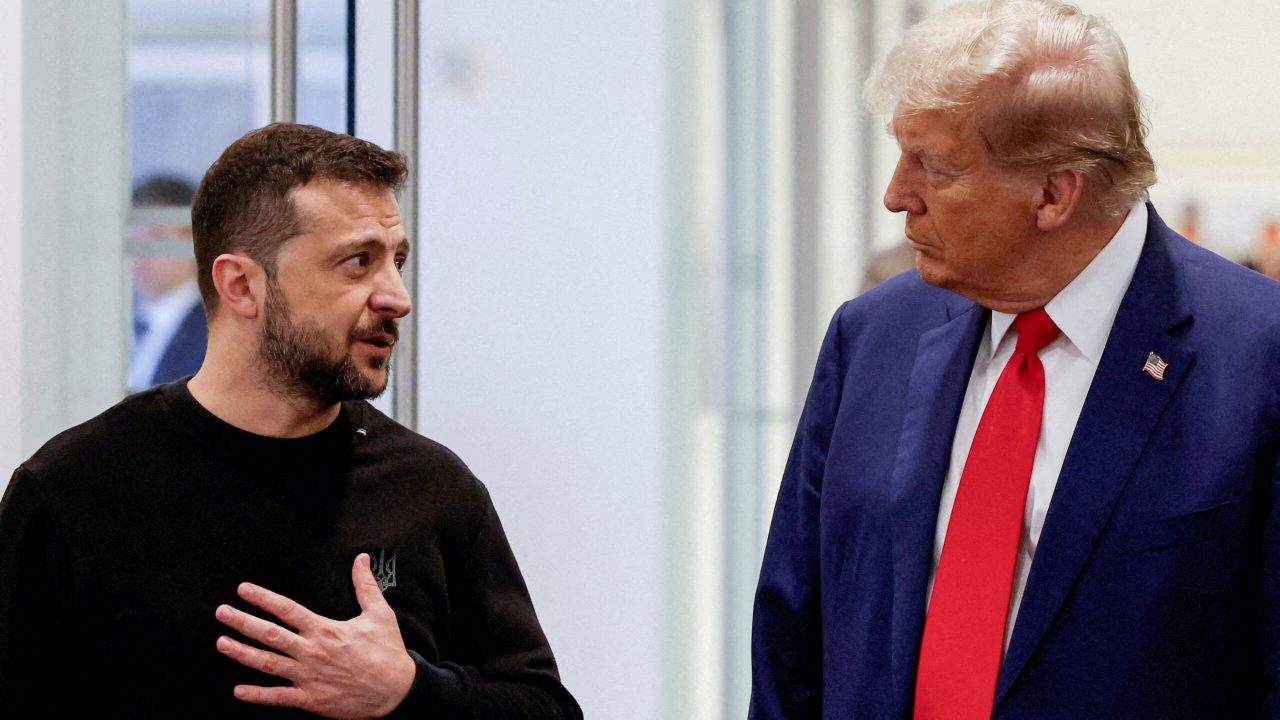 FILE PHOTO: Republican presidential nominee and former U.S. President Donald Trump and Ukraine's President Volodymyr Zelenskiy meet at Trump Tower in New York City, U.S., September 27, 2024.  REUTERS/Shannon Stapleton/File Photo