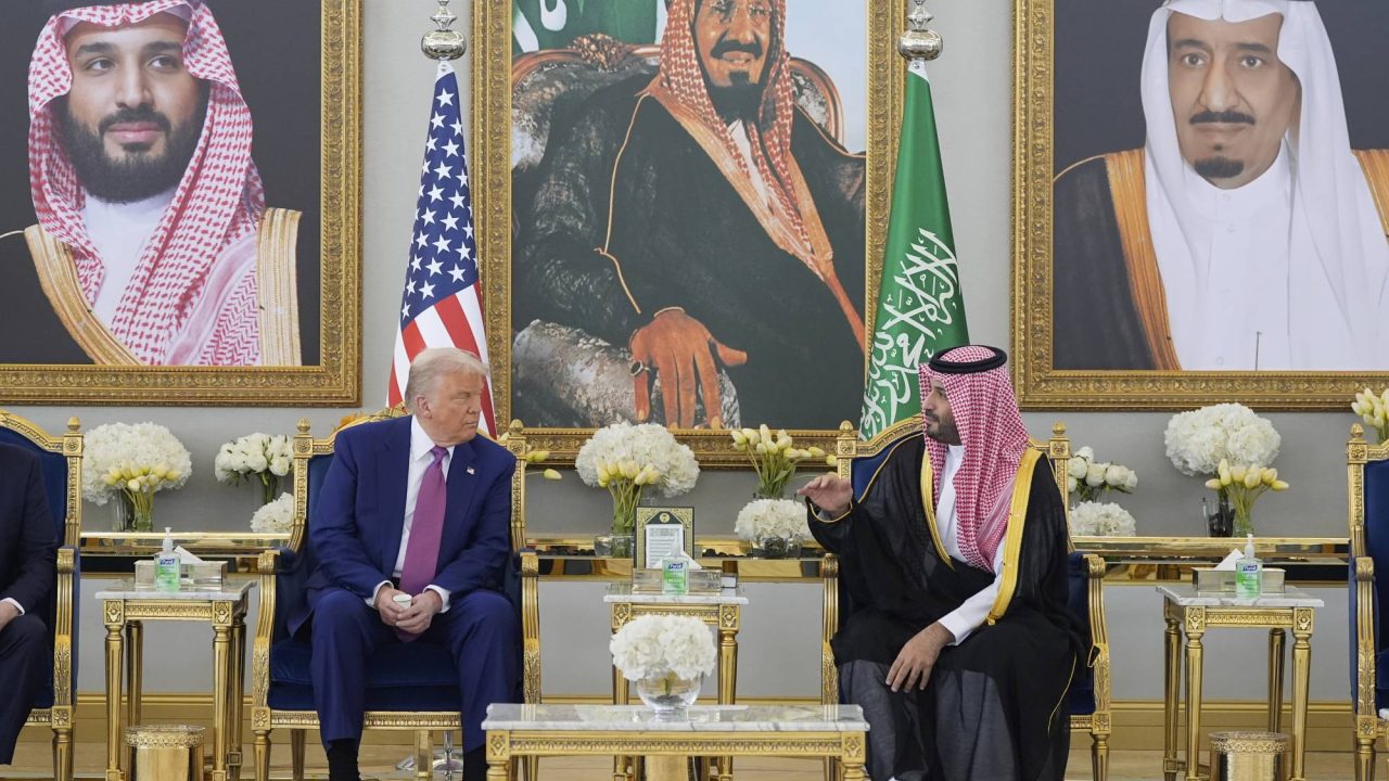 President Donald Trump and Saudi Crown Prince Mohammed bin Salman speak during a coffee ceremony at the Royal Terminal of King Khalid International Airport in Riyadh, Saudi Arabia, Tuesday, May 13, 2025