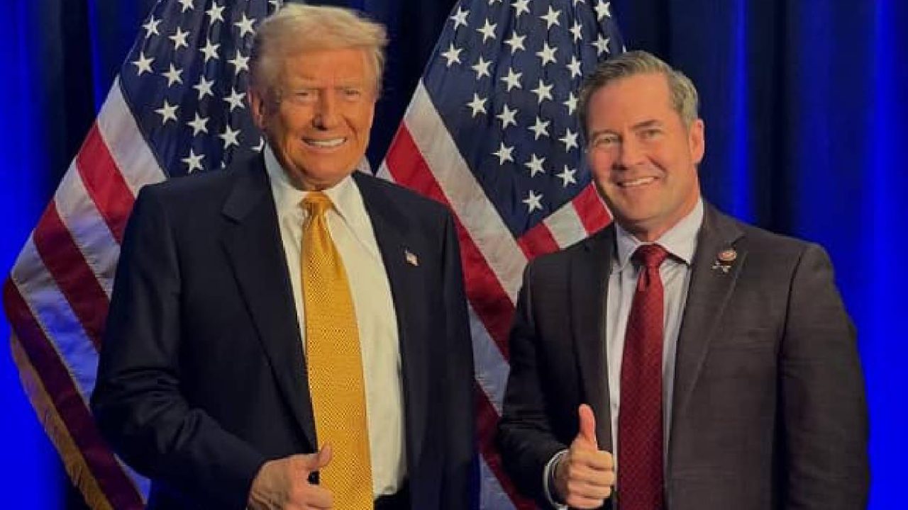 walz and trump with flags