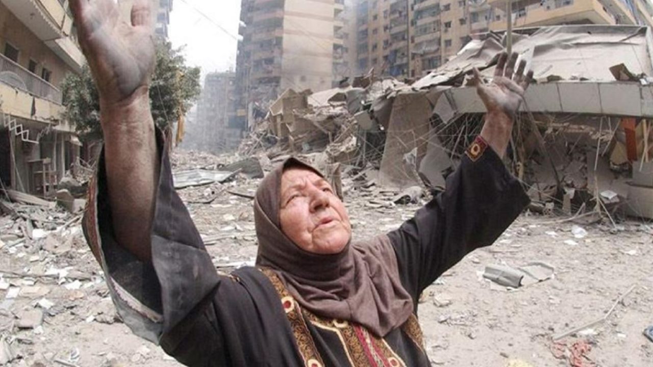 woman destructions lebanon israel