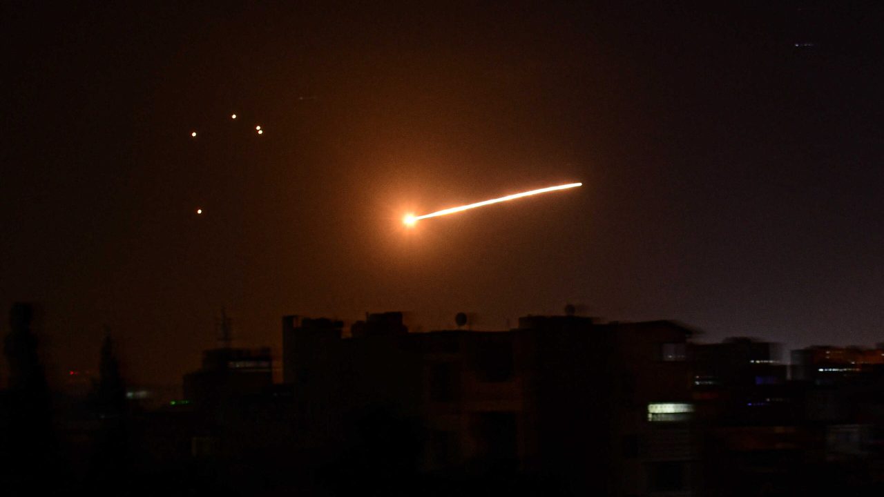 A handout picture released by the official Syrian Arab News Agency (SANA) on February 24, 2020, reportedly shows Syrian air defence intercepting an Israeli missile in the sky over the Syrian capital Damascus. - Six pro-Syrian regime fighters were killed in overnight Israeli air strikes near Damascus, the Syrian Observatory for Human Rights said. Two members of the Islamic Jihad militant group and four pro-Iran fighters in Syria were killed when Israeli aircraft targeted the group late on February 23. (Photo by SANA / AFP) / == RESTRICTED TO EDITORIAL USE - MANDATORY CREDIT "AFP PHOTO / HO / SANA" - NO MARKETING NO ADVERTISING CAMPAIGNS - DISTRIBUTED AS A SERVICE TO CLIENTS ==